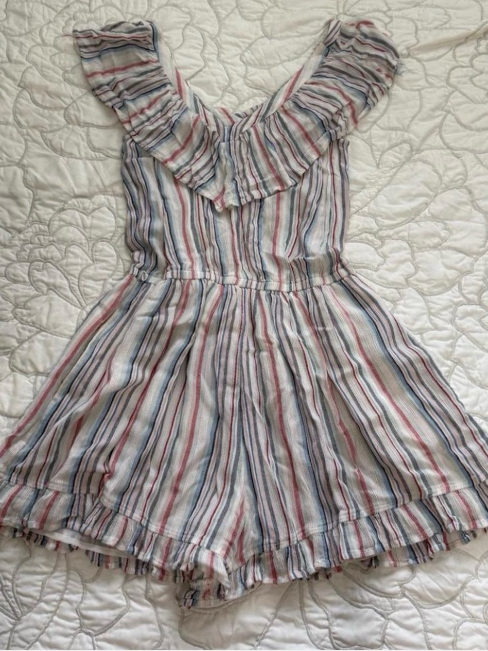 American Eagle Outfitters Striped Ruffle Romper - Blue, Pink & White